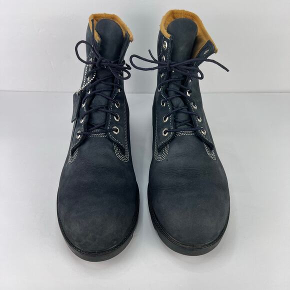 Timberland 12 Men's Navy Blue DIstressed Nubuck Leather Logo TAG Boots Outdoors - Picture 6 of 12